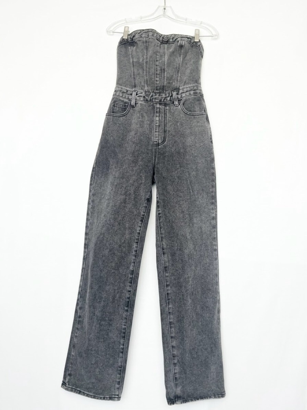 PrettyLittleThing Grey Acid Wash Strapless Corset Denim Jumpsuit Size US 4 Retro